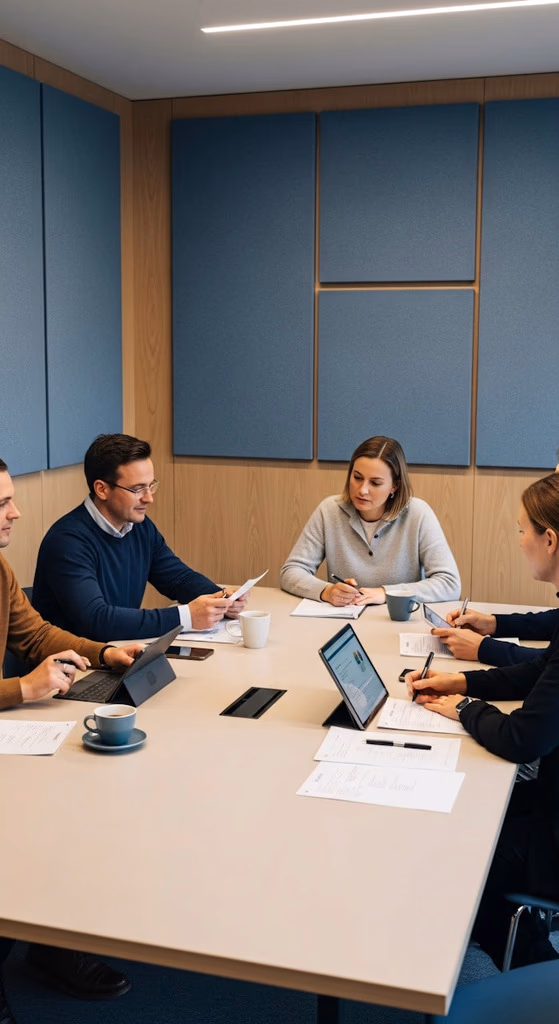 In-house legal team reviewing documents in a meeting room
